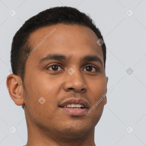 Joyful latino young-adult male with short  brown hair and brown eyes