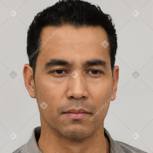 Neutral asian young-adult male with short  black hair and brown eyes