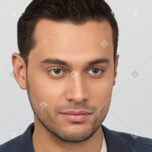 Neutral white young-adult male with short  brown hair and brown eyes