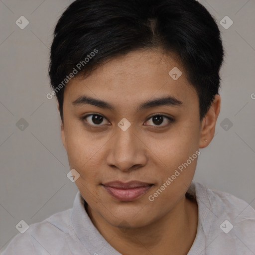 Joyful asian young-adult female with short  brown hair and brown eyes