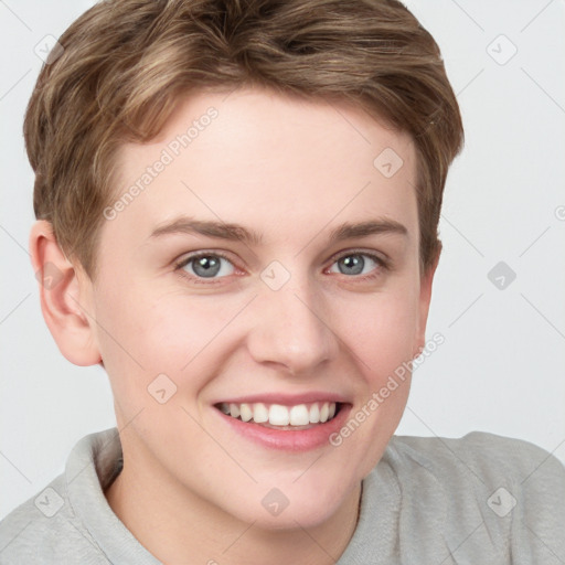 Joyful white young-adult female with short  brown hair and grey eyes