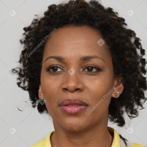 Joyful black adult female with medium  brown hair and brown eyes