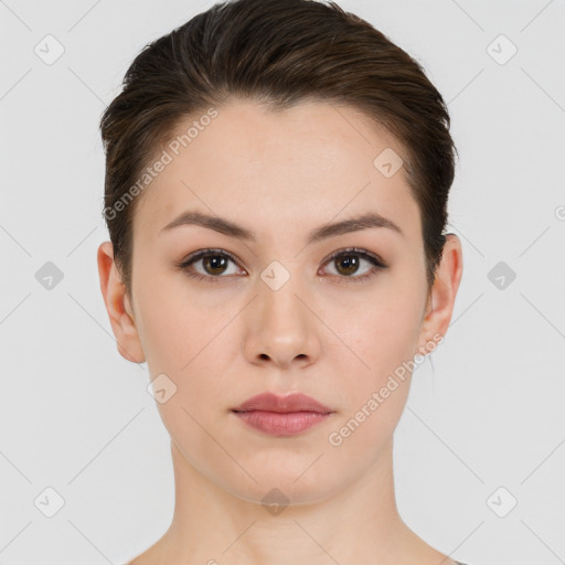 Neutral white young-adult female with short  brown hair and brown eyes