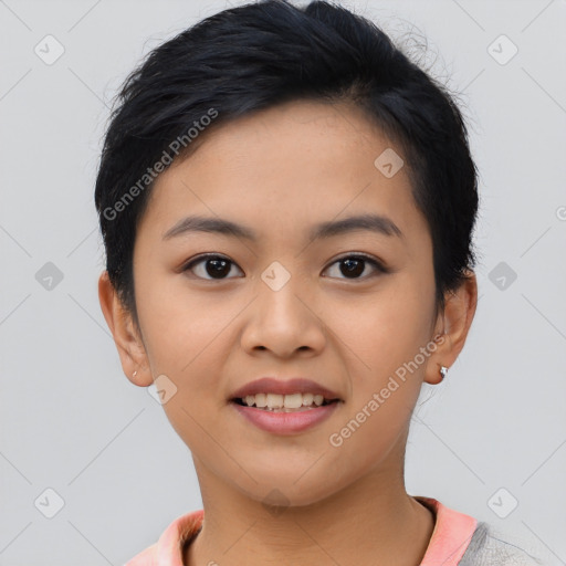 Joyful asian young-adult female with short  black hair and brown eyes