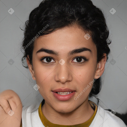 Joyful latino young-adult female with short  brown hair and brown eyes