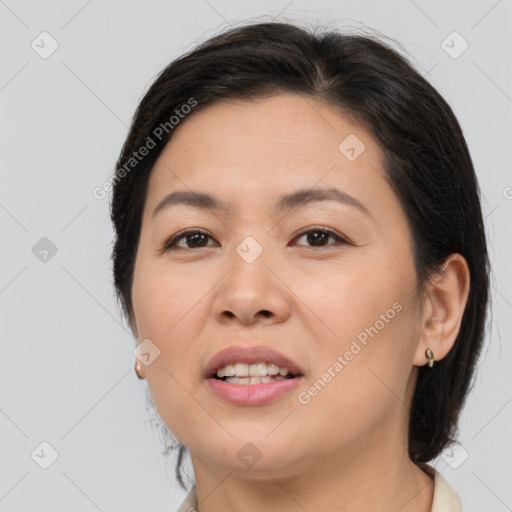 Joyful white young-adult female with medium  brown hair and brown eyes