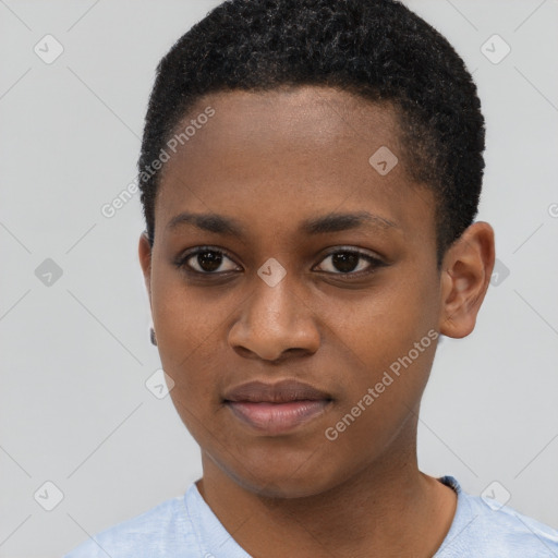 Joyful latino young-adult female with short  black hair and brown eyes