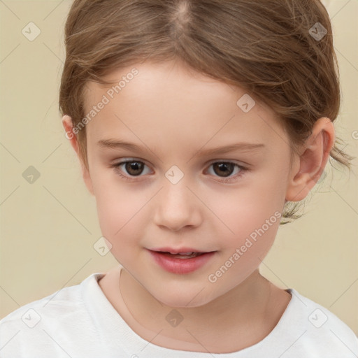 Joyful white child female with short  brown hair and brown eyes