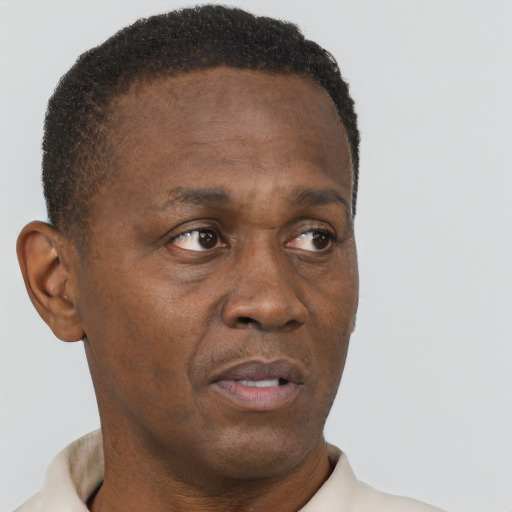 Neutral black adult male with short  brown hair and brown eyes