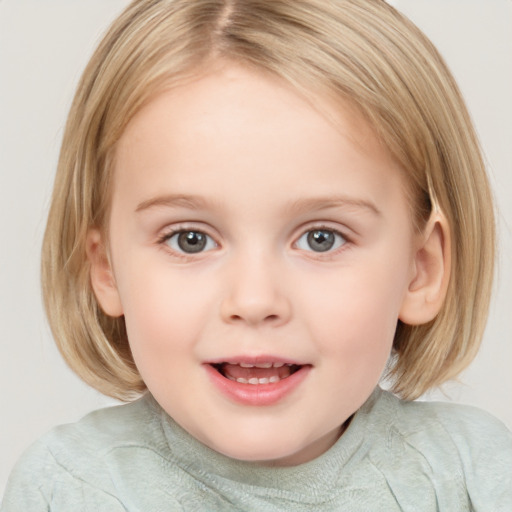 Joyful white child female with medium  brown hair and blue eyes