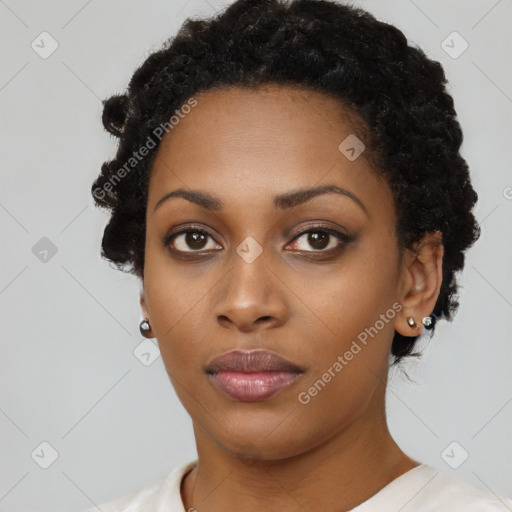 Neutral black young-adult female with short  black hair and brown eyes