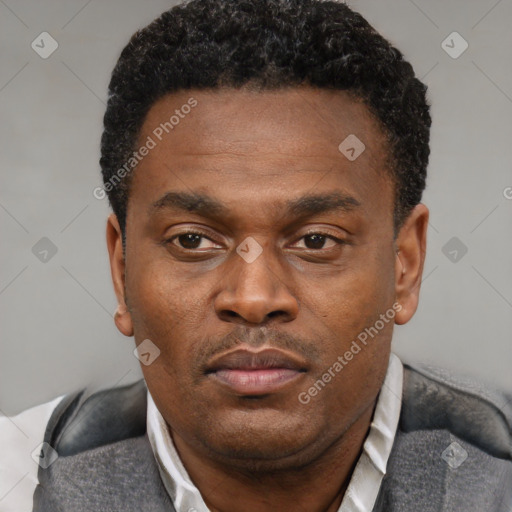 Neutral black adult male with short  black hair and brown eyes