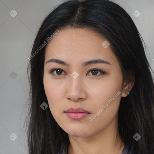 Neutral asian young-adult female with long  black hair and brown eyes