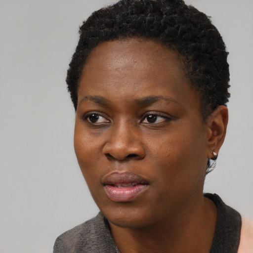 Neutral black young-adult female with short  black hair and brown eyes