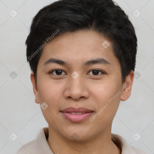 Joyful asian young-adult female with short  brown hair and brown eyes