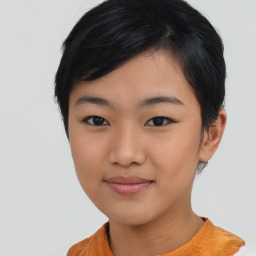 Joyful asian young-adult female with short  black hair and brown eyes