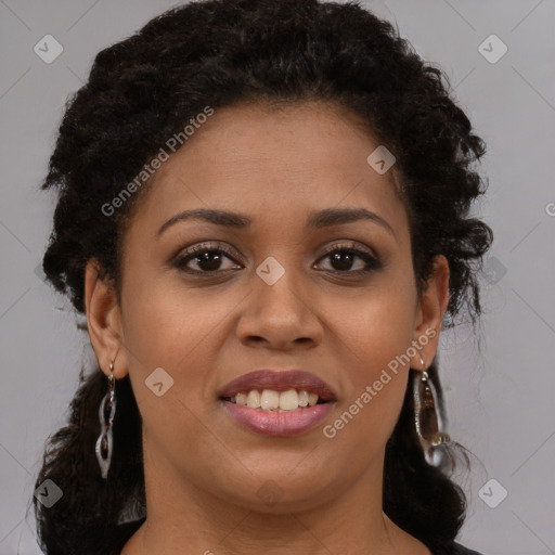 Joyful latino young-adult female with long  brown hair and brown eyes