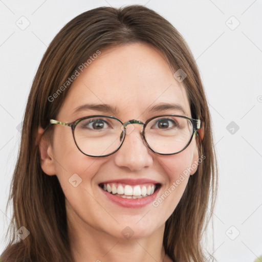 Joyful white young-adult female with long  brown hair and blue eyes