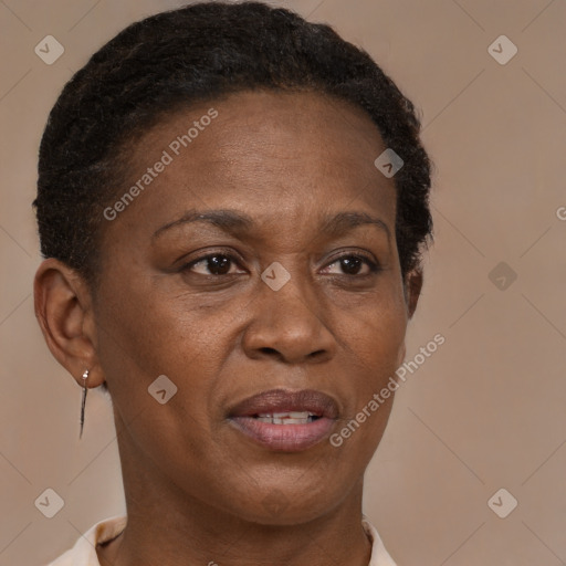 Joyful black adult female with short  brown hair and brown eyes