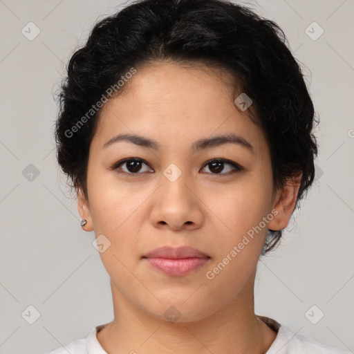 Neutral asian young-adult female with short  brown hair and brown eyes