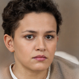 Neutral white young-adult female with short  brown hair and brown eyes