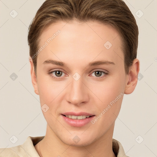 Joyful white young-adult female with short  brown hair and brown eyes