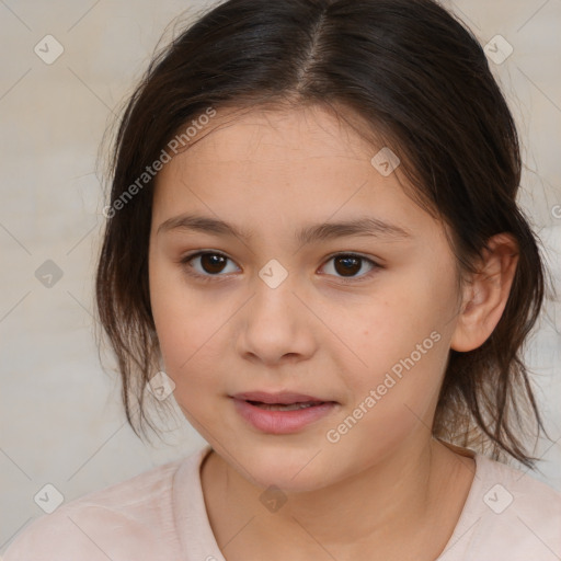 Joyful white child female with medium  brown hair and brown eyes