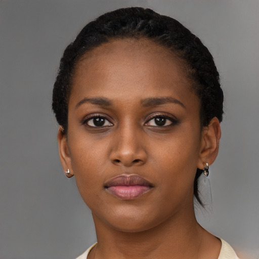 Neutral black young-adult female with short  black hair and brown eyes
