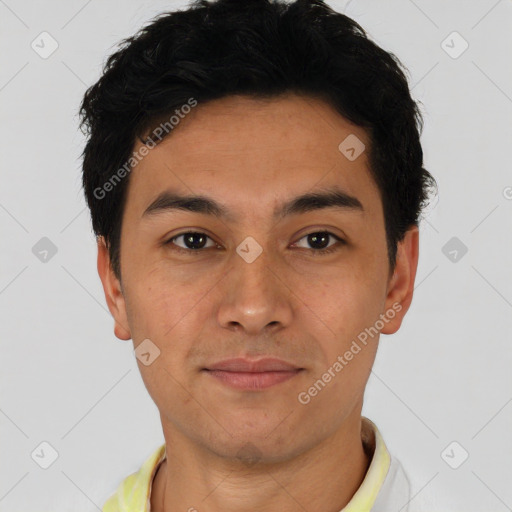 Joyful asian young-adult male with short  black hair and brown eyes