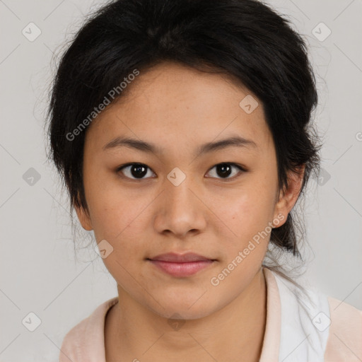 Neutral asian young-adult female with medium  brown hair and brown eyes