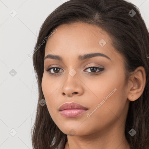 Neutral white young-adult female with long  brown hair and brown eyes