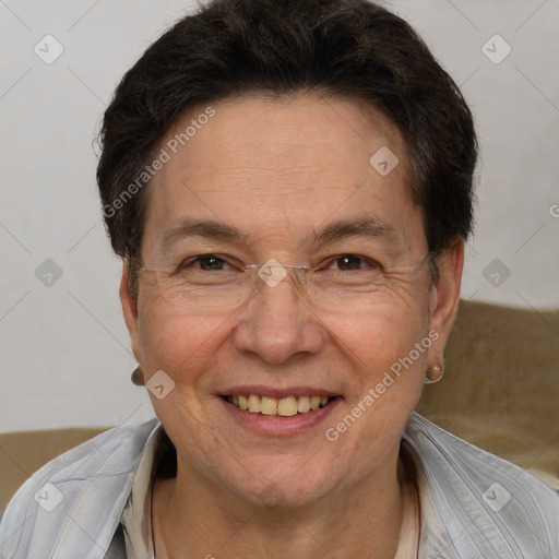 Joyful white adult female with short  brown hair and brown eyes