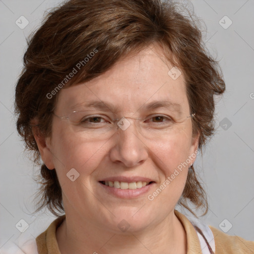 Joyful white adult female with medium  brown hair and blue eyes