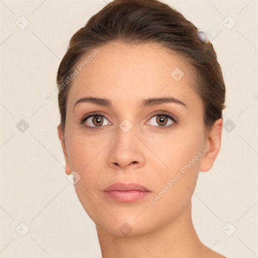 Neutral white young-adult female with short  brown hair and brown eyes