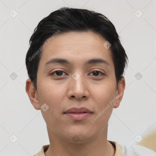 Neutral asian young-adult male with short  black hair and brown eyes