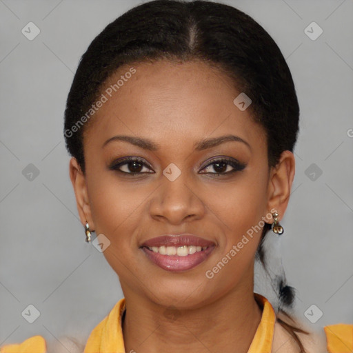 Joyful latino young-adult female with short  brown hair and brown eyes