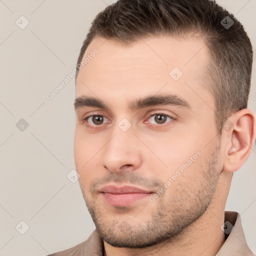 Neutral white young-adult male with short  brown hair and brown eyes