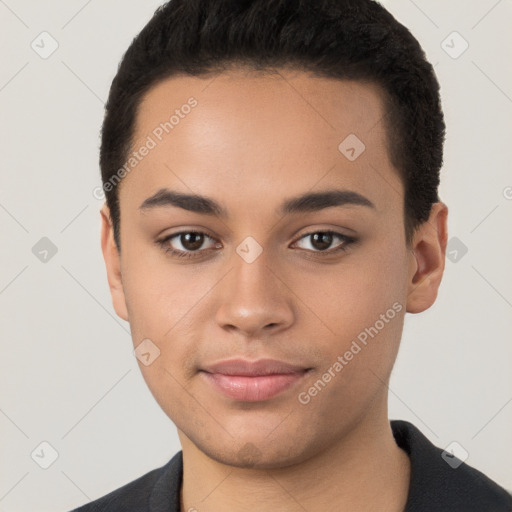 Joyful white young-adult female with short  brown hair and brown eyes