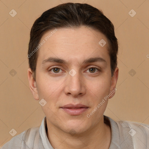 Joyful white young-adult male with short  brown hair and brown eyes