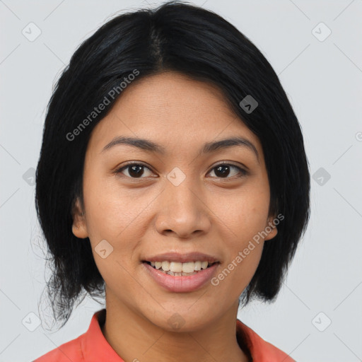 Joyful asian young-adult female with medium  black hair and brown eyes