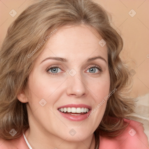 Joyful white young-adult female with medium  brown hair and blue eyes