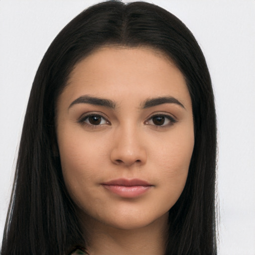 Neutral asian young-adult female with long  black hair and brown eyes