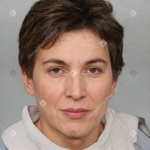 Joyful white adult female with short  brown hair and brown eyes