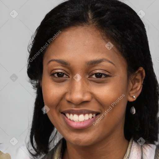 Joyful black young-adult female with medium  brown hair and brown eyes