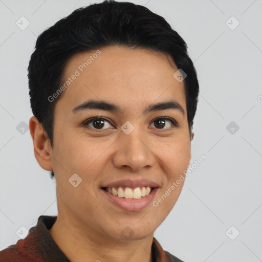 Joyful latino young-adult male with short  black hair and brown eyes