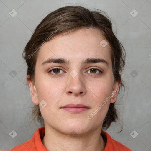 Neutral white young-adult female with medium  brown hair and brown eyes