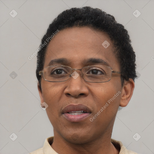 Joyful black adult male with short  black hair and brown eyes