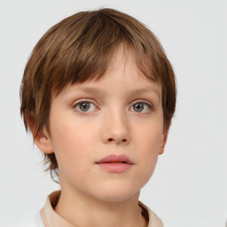 Neutral white child female with medium  brown hair and grey eyes