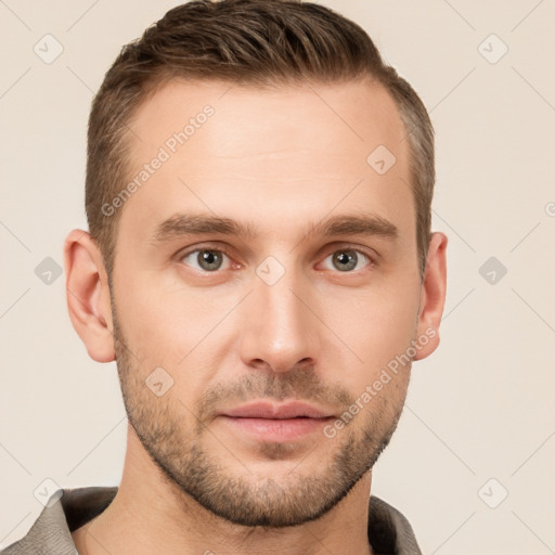 Neutral white young-adult male with short  brown hair and grey eyes