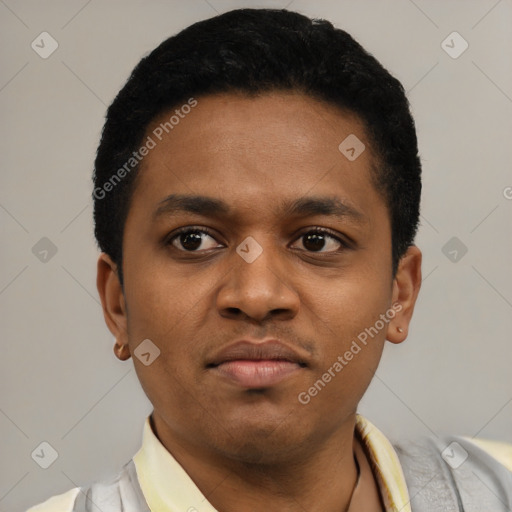 Neutral latino young-adult male with short  black hair and brown eyes